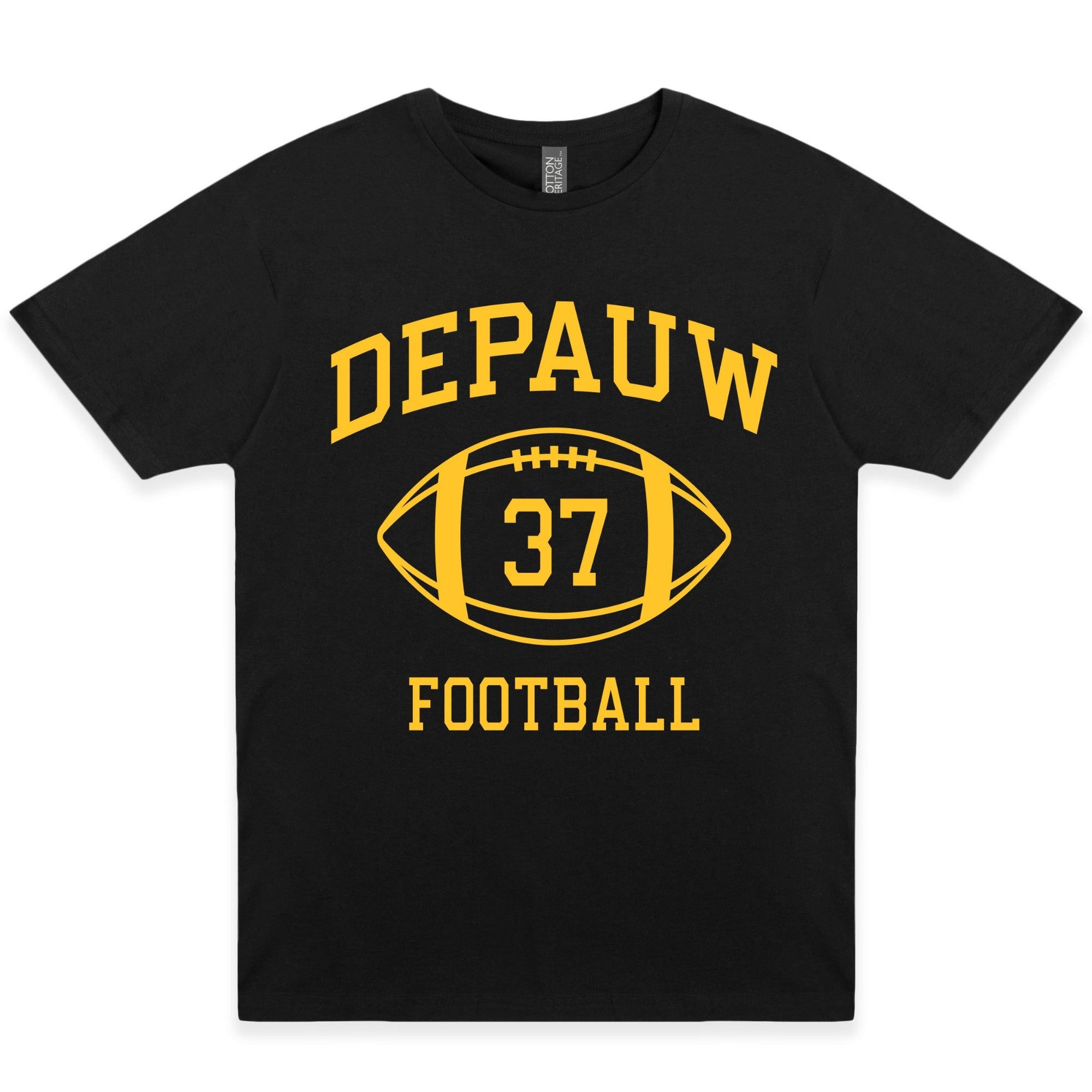 Black t-shirt with yellow 'DEPAUW FOOTBALL 37' print on a white background