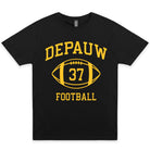 Black t-shirt with yellow 'DEPAUW FOOTBALL 37' print on a white background