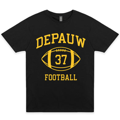 Black t-shirt with yellow 'DEPAUW FOOTBALL 37' print on a white background